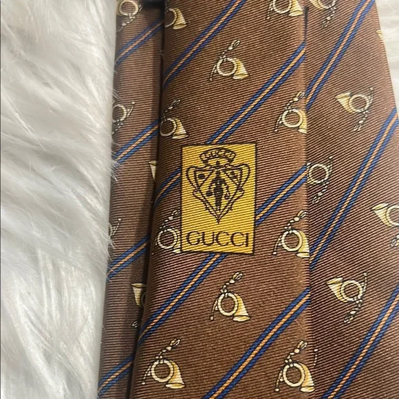 Gucci Hunting Horns Brown Patterned Men's Tie 3.5” W Stripe - Picture 4 of 12